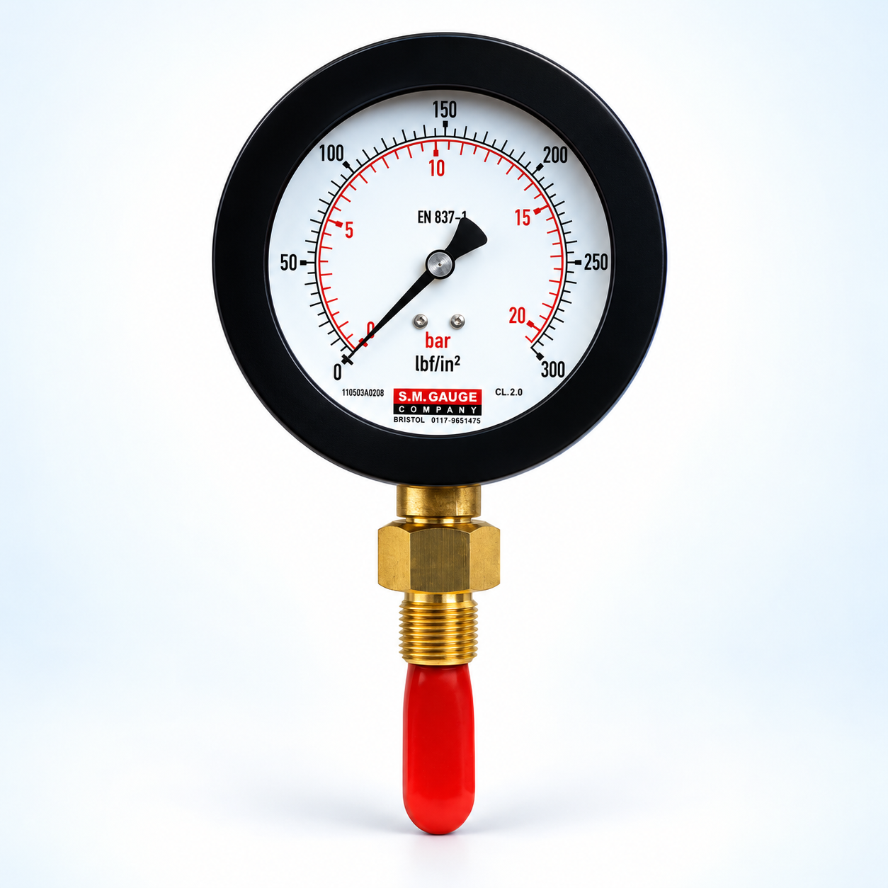 Dual-scale pressure gauge with red PVC probe