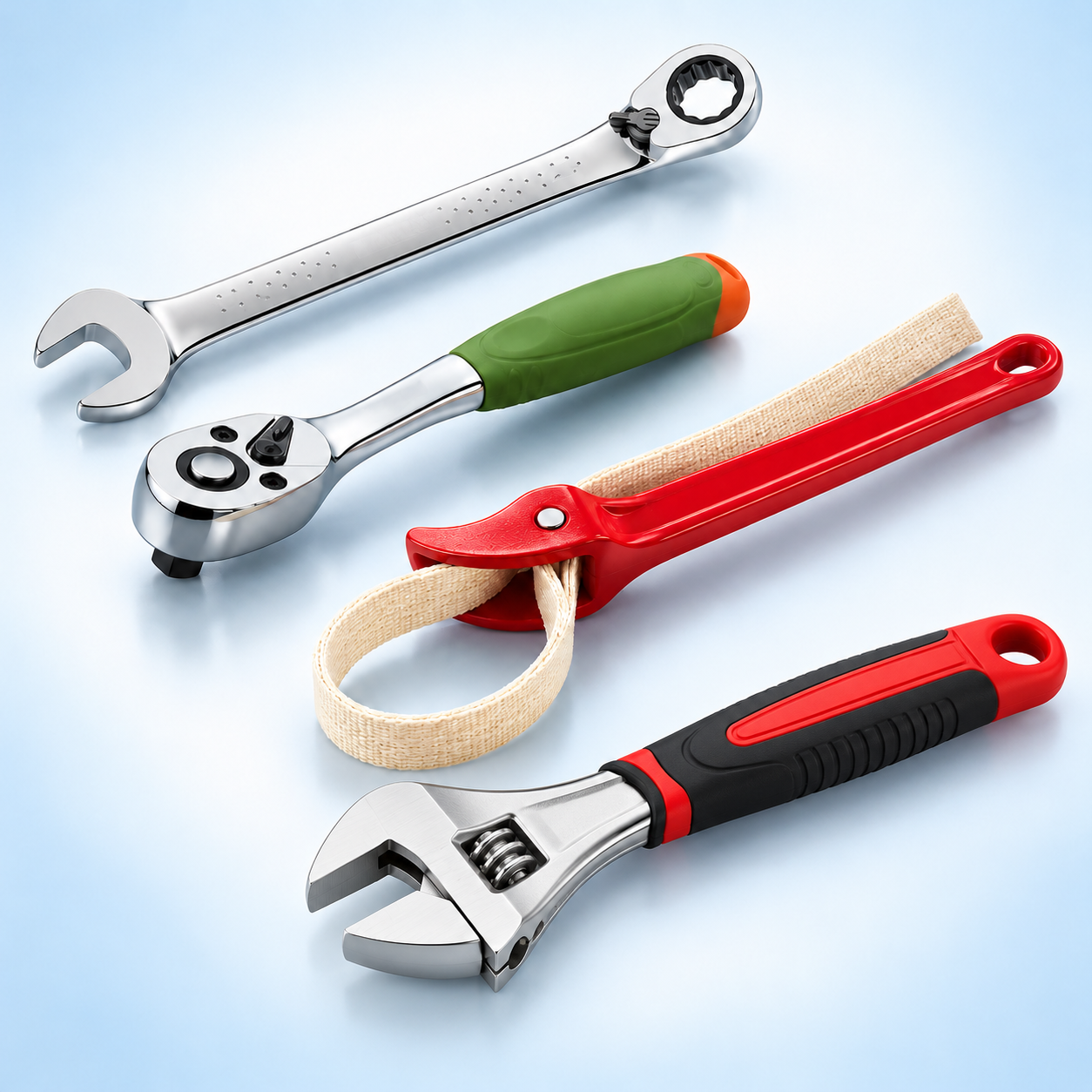 Industrial hand tools including ratchets, spanners and strap wrenches