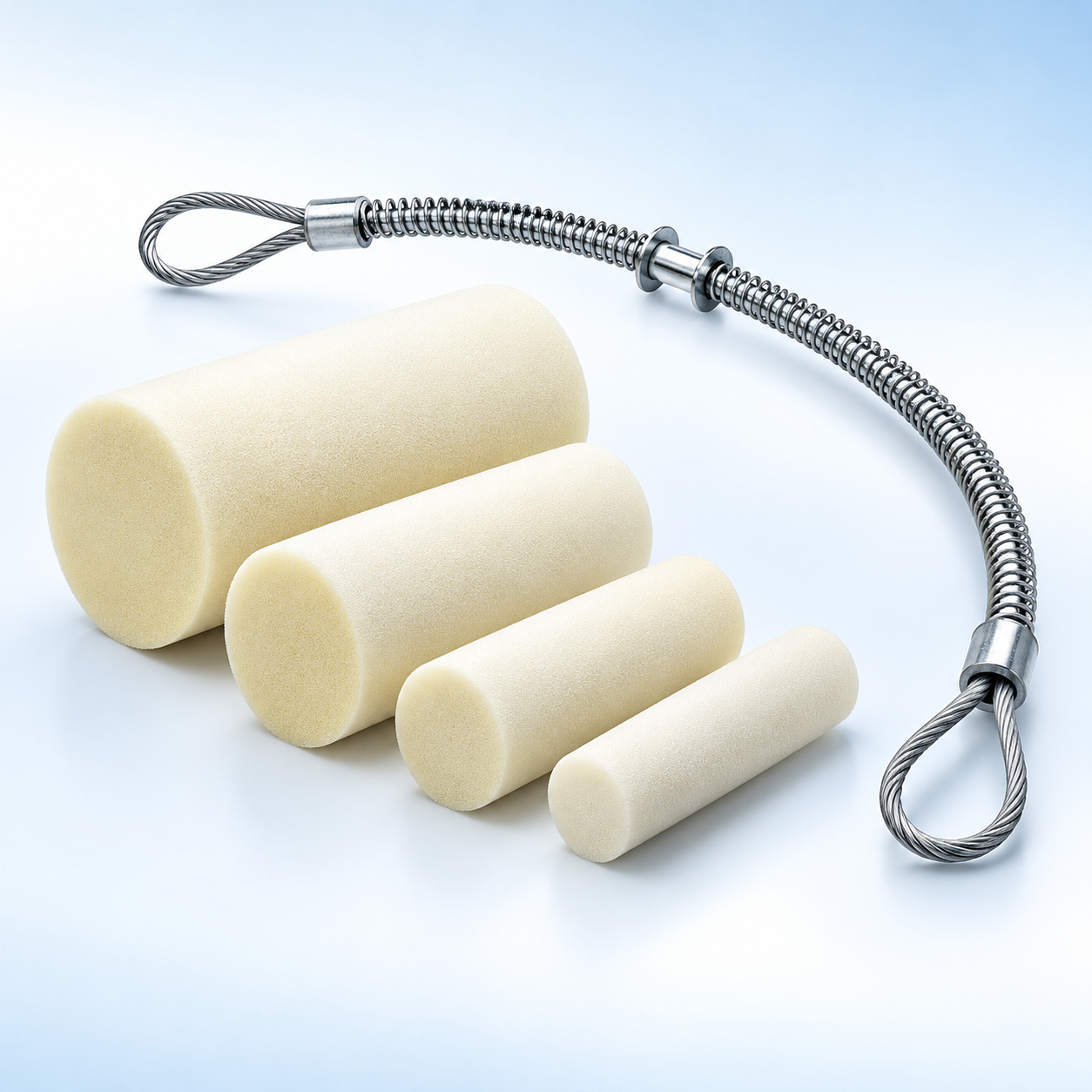 Pipe cleaning sponge pigs and hose safety cable