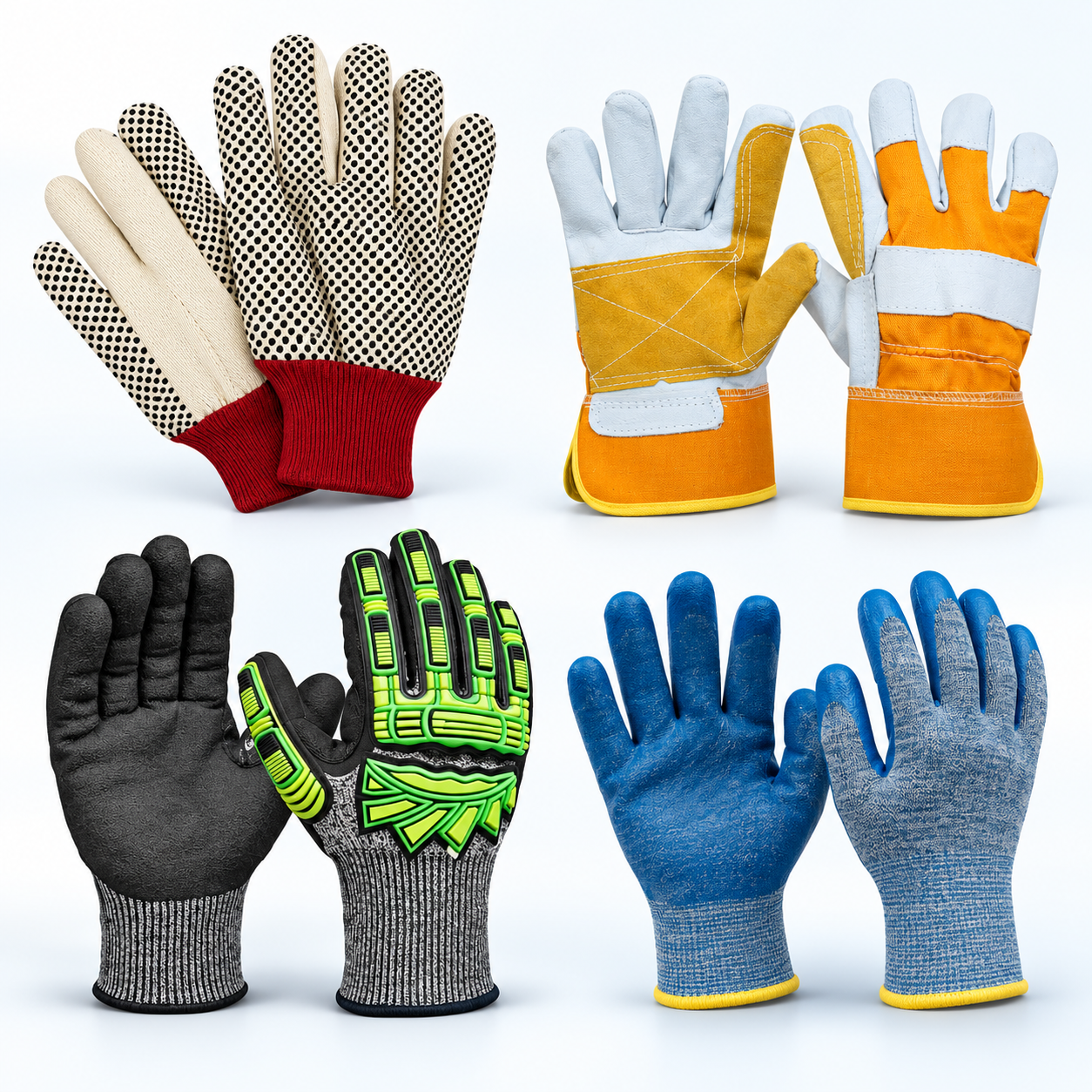 Industrial work gloves including rigger, impact-resistant and cut-resistant styles