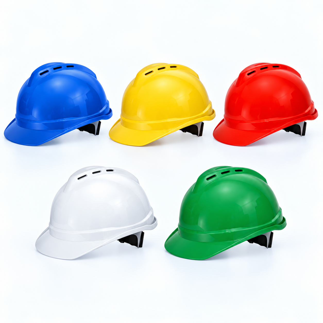 Ventilated industrial safety helmets in five colours
