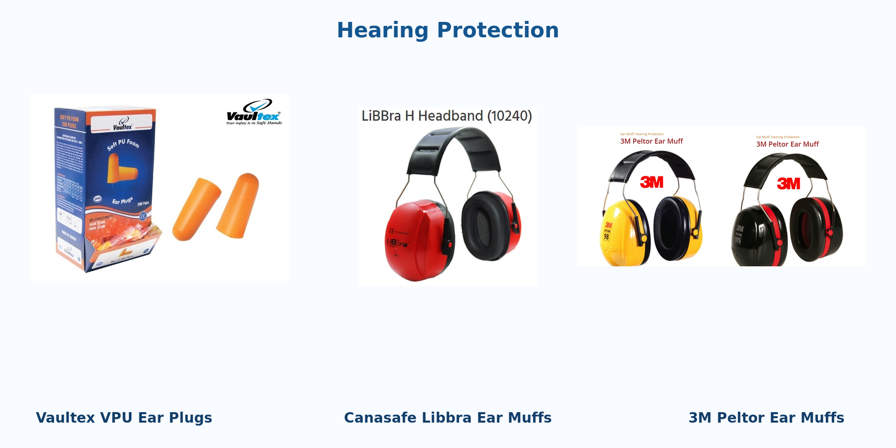 Vaultex VPU ear plugs, Canasafe Libbra ear muffs and 3M Peltor ear muffs