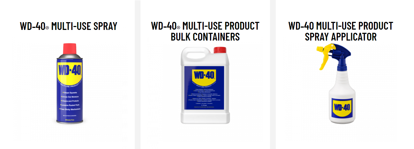 WD-40 bulk gallon, spray can and spray applicator